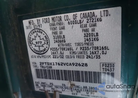 1997 Ford F-150 Lariat/Standard/Xl/Xlt из США, поврежденный, VIN 2FTDX1762VCA92628